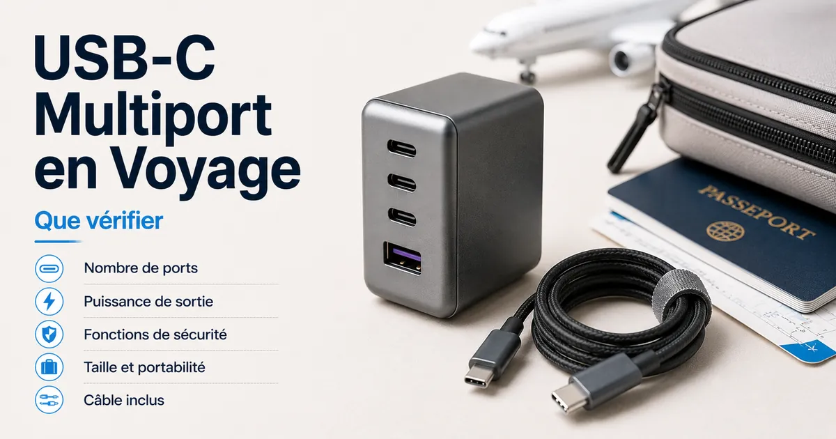 Chargeur USB-C multiport compact préparé pour charger des appareils en voyage.