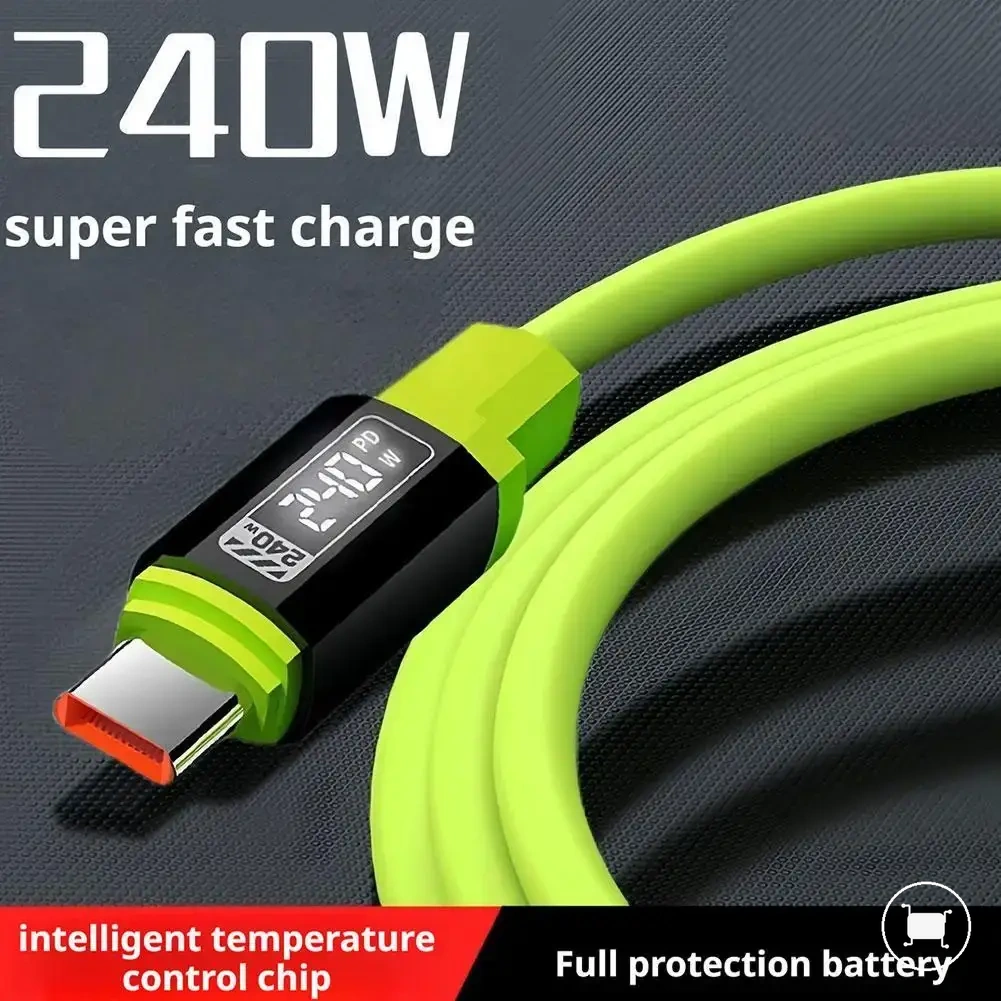 Cabo de carregamento USB para Type-C 240W em silicone líquido com chip E-Marker.