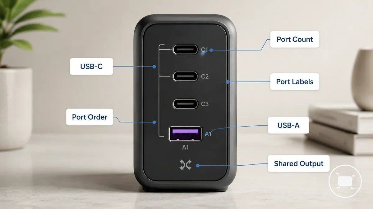 Disposição das portas de carregamento em um carregador USB-C multiportas