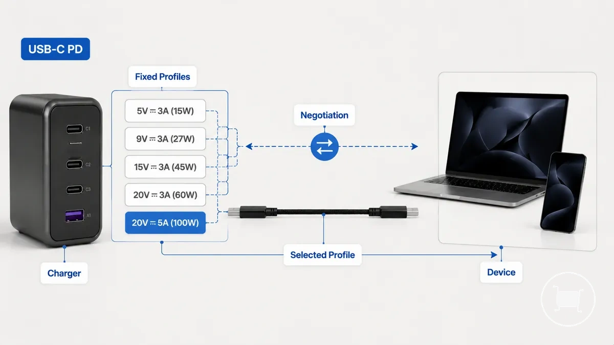 Ilustração mostrando a seleção de perfil fixo do USB-C Power Delivery