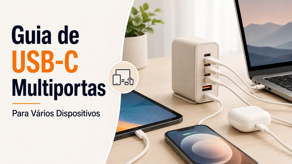 Carregador USB-C multiportas com vários dispositivos conectados para carregamento diário.