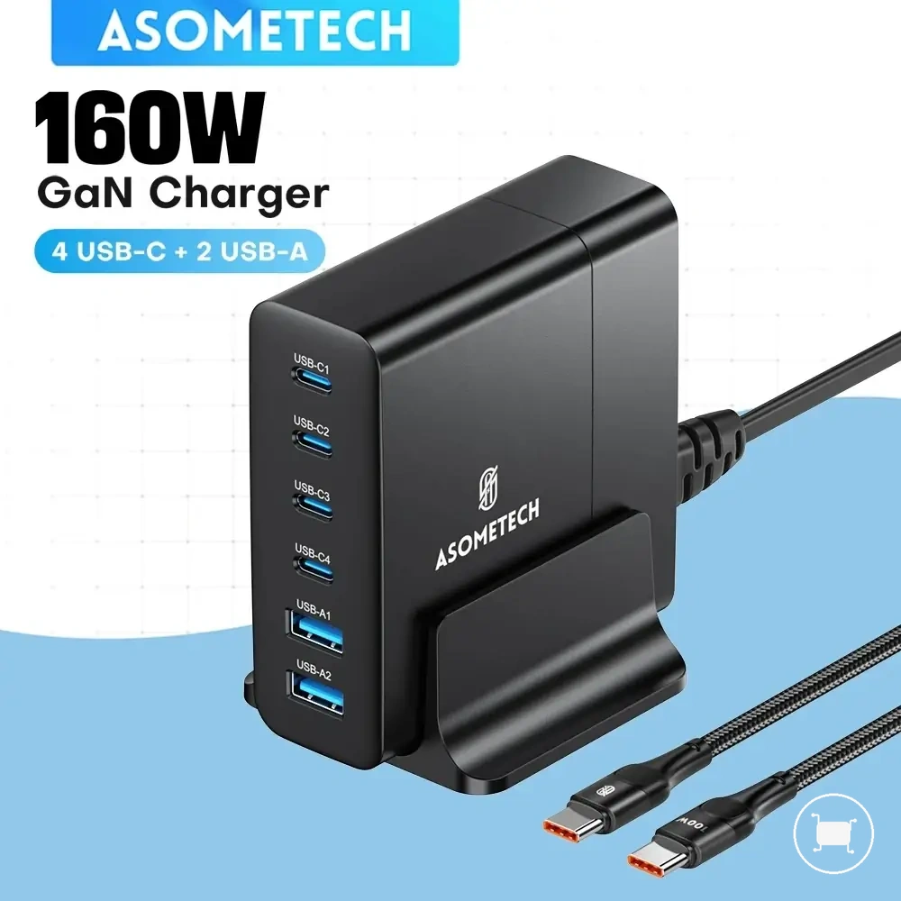Birden fazla PD, PPS ve QC portuna sahip 160W GaN masaüstü USB-C şarj cihazı.