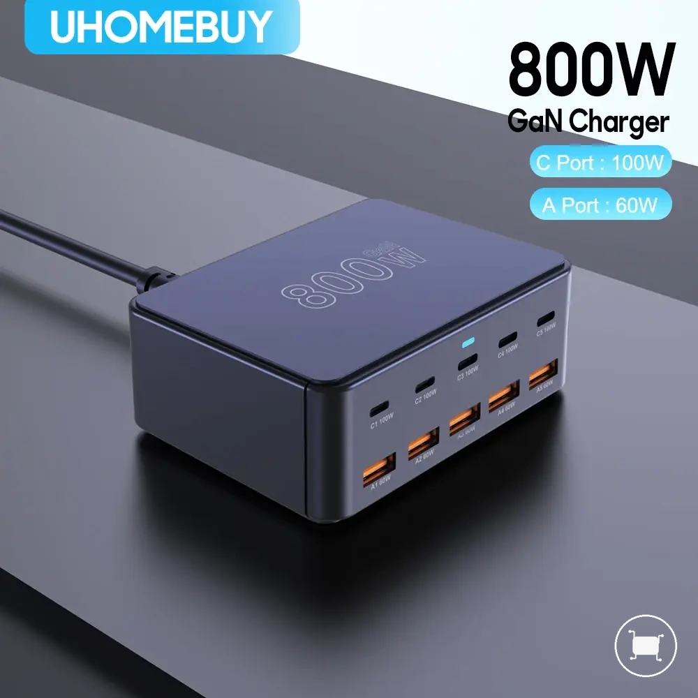 PD, PPS ve QC portlarına sahip 800W GaN USB-C şarj istasyonu.