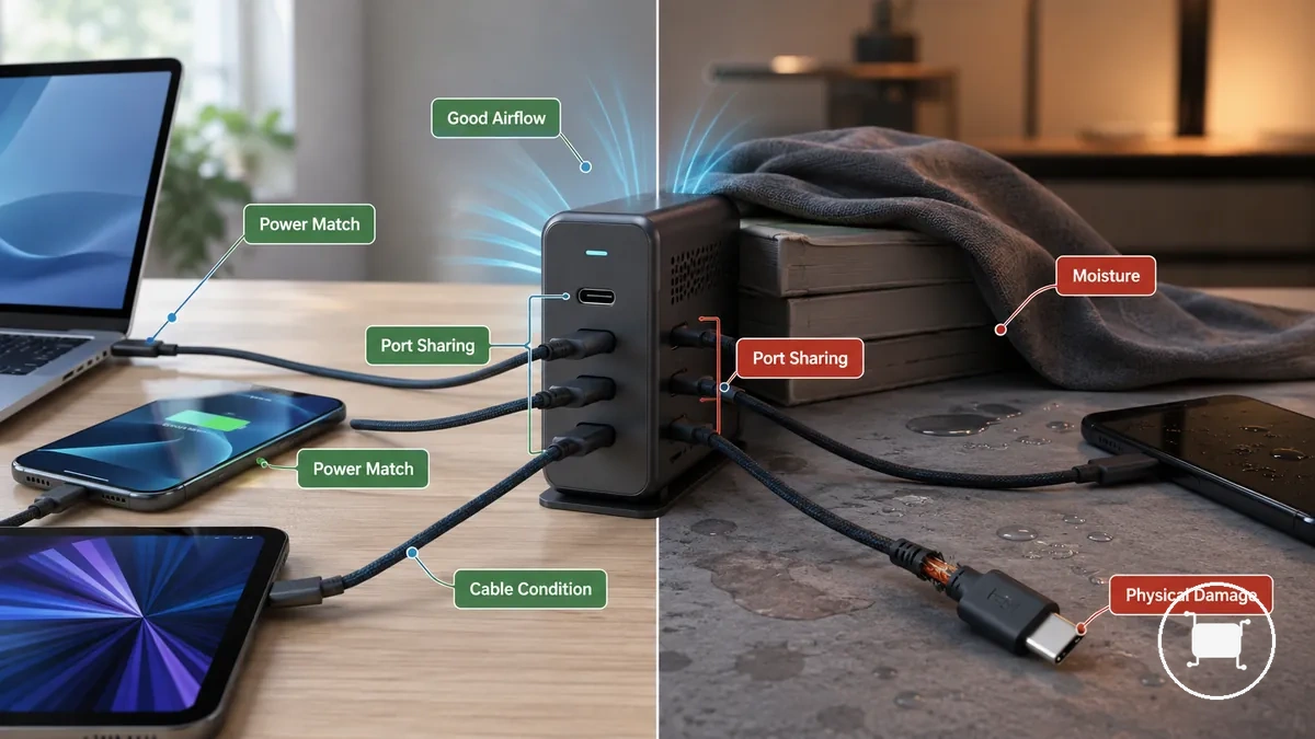 Çok portlu USB-C şarj cihazı, bağlı cihazlar, sağlam kablolar ve şarj alanı etrafında açık hava akışı