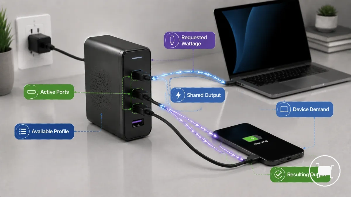 Bağlı USB-C şarj cihazı portları arasında paylaşımlı çıkış dağıtımının açıklamalı örneği