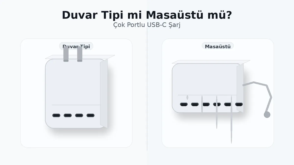 Yan yana duran duvar tipi ve masaüstü çok portlu USB-C şarj cihazları.