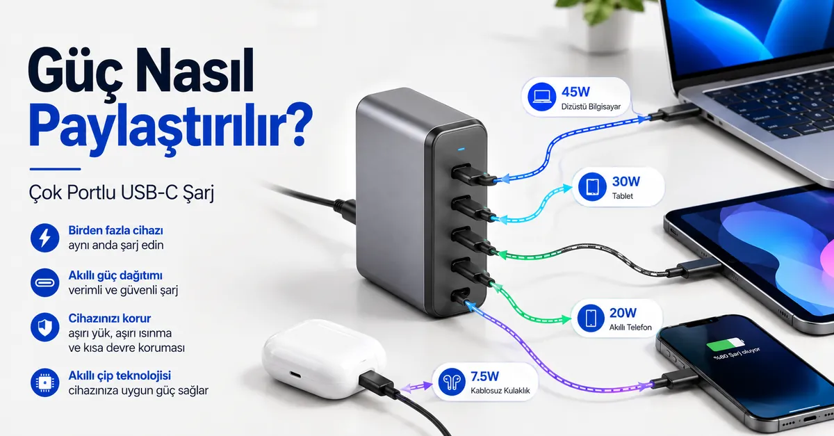 Paylaşılan portlar üzerinden birkaç cihaza güç veren çok portlu USB-C şarj cihazı.