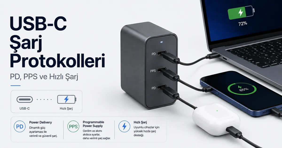 Hızlı şarj protokol etiketleri ve bağlı cihazlarla çok portlu USB-C şarj cihazı.