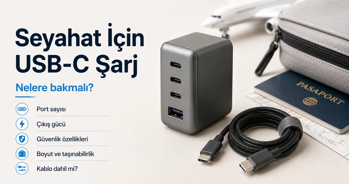 Seyahat sırasında şarj için hazırlanmış kompakt çok portlu USB-C şarj cihazı.